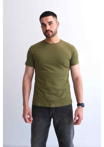 Erkek Bisiklet Yaka Düz Baskısız %100 Pamuk Haki Basic Tişört