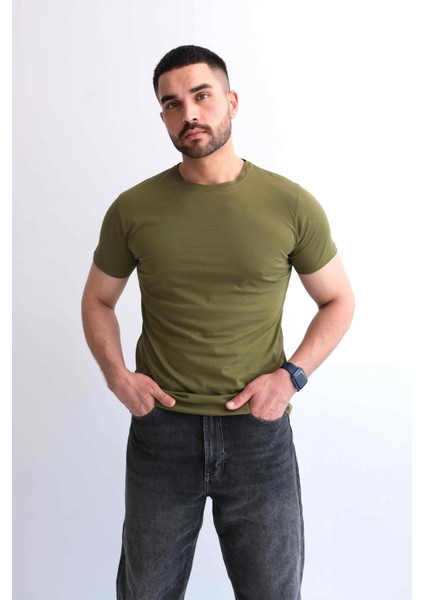 Erkek Bisiklet Yaka Düz Baskısız %100 Pamuk Haki Basic Tişört fiyatları