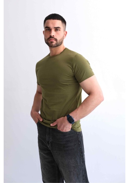 Erkek Bisiklet Yaka Düz Baskısız %100 Pamuk Haki Basic Tişört modelleri