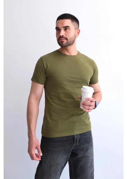 Erkek Bisiklet Yaka Düz Baskısız %100 Pamuk Haki Basic Tişört fırsatları