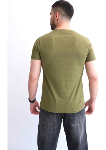 Erkek Bisiklet Yaka Düz Baskısız %100 Pamuk Haki Basic Tişört indirimleri
