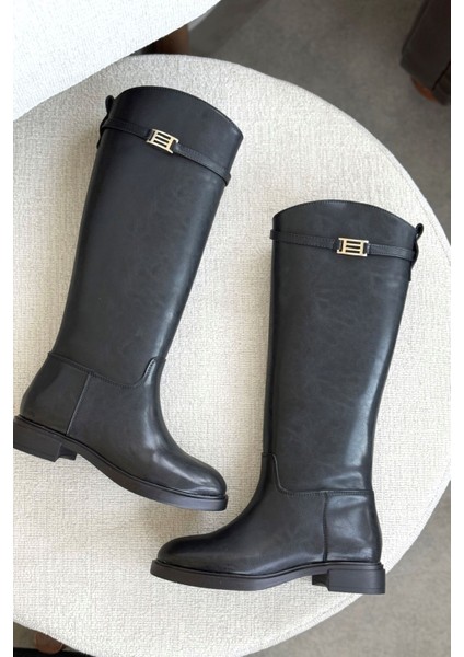 Kadın Nantes Düz Tabanlı Tokalı Çizme - Siyah-Deri