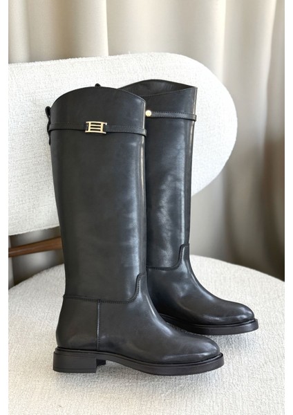 Kadın Nantes Düz Tabanlı Tokalı Çizme - Siyah-Deri fiyatları