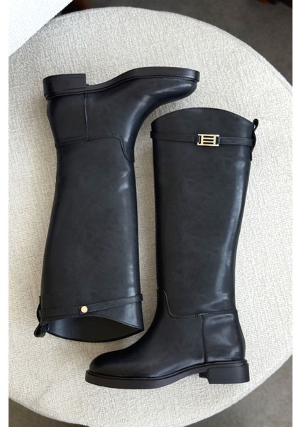 Kadın Nantes Düz Tabanlı Tokalı Çizme - Siyah-Deri modelleri