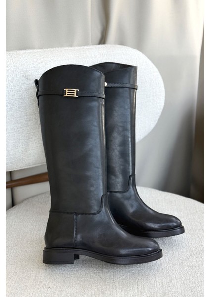 Kadın Nantes Düz Tabanlı Tokalı Çizme - Siyah-Deri fırsatları