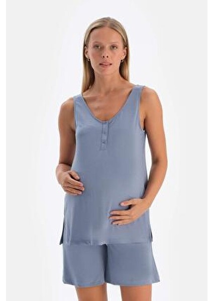 Indigo Modal Yarım Patlı Hamile Atlet Dokuma Kumaş Özelliğiyle Rahat Tasarım