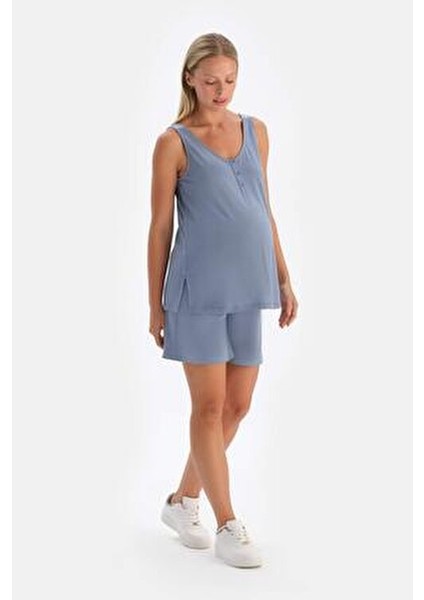 Indigo Modal Yarım Patlı Hamile Atlet Dokuma Kumaş Özelliğiyle Rahat Tasarım fırsatları