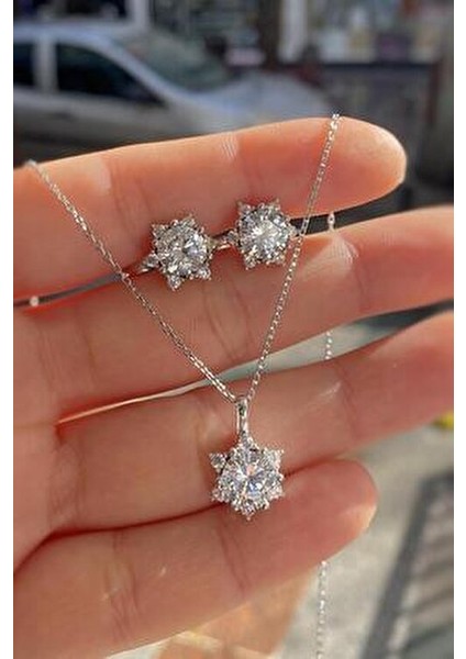 Gümüş Lotus Çiçeği Kolye Küpe Set Takım 22S122