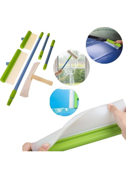 Cam Temizlik Kiti, Silikon Su Çekme Aparatı, Mikrofiber Bezli Başlık, Uzatma Sapı