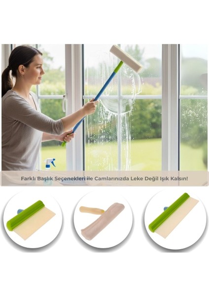 Cam Temizlik Kiti, Silikon Su Çekme Aparatı, Mikrofiber Bezli Başlık, Uzatma Sapı