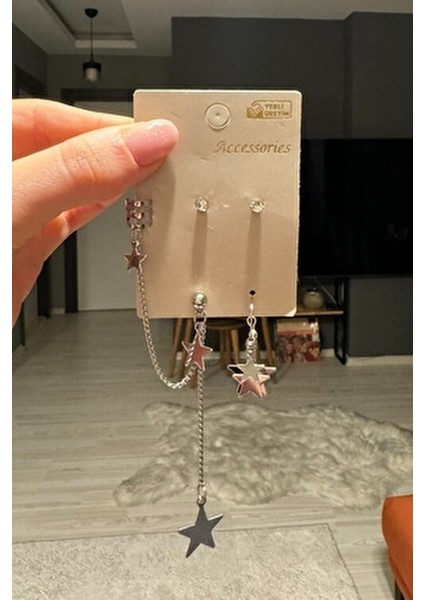 Kadın Gümüş Renk Çoklu Yıldız Detaylı Kıkırdak Küpe Seti