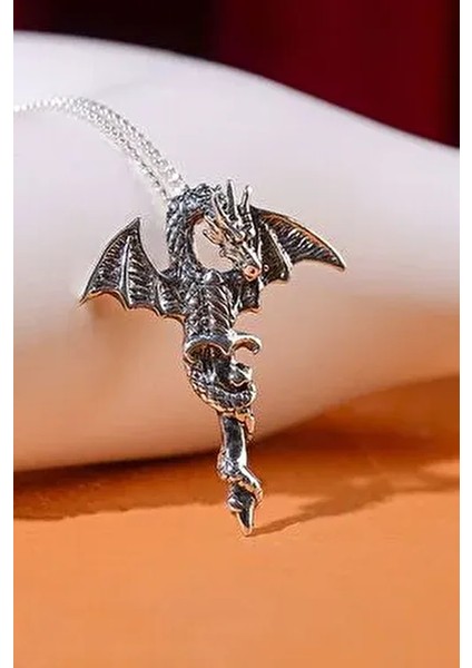 Gümüş Kılıçlı Ejderha Kolye 925 Ayar Gümüş Ejderha & Kılıç Figürlü Erkek Kolye