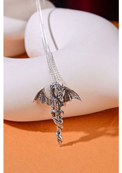 Gümüş Kılıçlı Ejderha Kolye 925 Ayar Gümüş Ejderha & Kılıç Figürlü Erkek Kolye modelleri