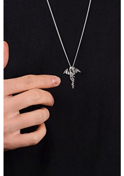 Gümüş Kılıçlı Ejderha Kolye 925 Ayar Gümüş Ejderha & Kılıç Figürlü Erkek Kolye fırsatları