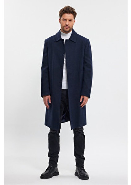 Erkek Lacivert Uzun Regular Fit Kaşe Kaban Gömlek Yaka Kalın Astar ile