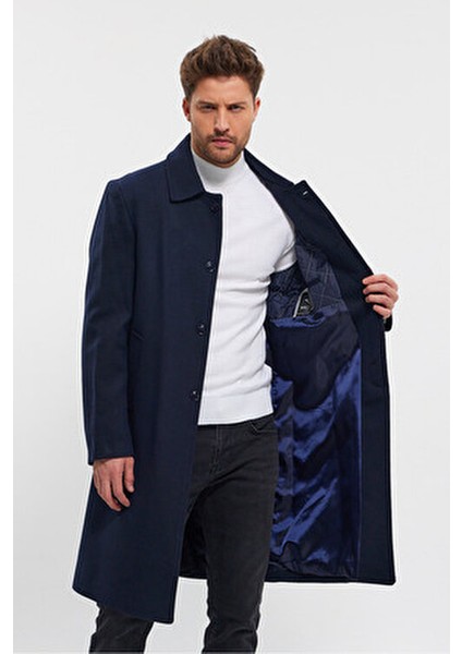 Erkek Lacivert Uzun Regular Fit Kaşe Kaban Gömlek Yaka Kalın Astar ile fiyatları