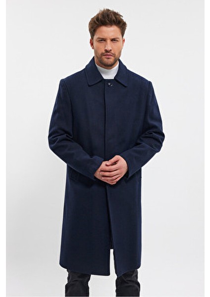 Erkek Lacivert Uzun Regular Fit Kaşe Kaban Gömlek Yaka Kalın Astar ile fırsatları