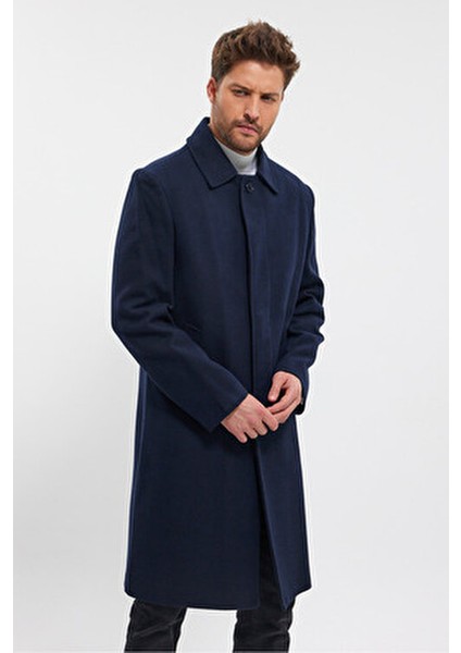 Erkek Lacivert Uzun Regular Fit Kaşe Kaban Gömlek Yaka Kalın Astar ile indirimleri