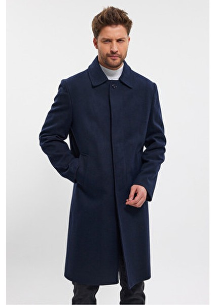 Erkek Lacivert Uzun Regular Fit Kaşe Kaban Gömlek Yaka Kalın Astar ile