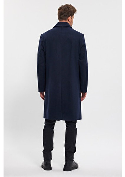 Erkek Lacivert Uzun Regular Fit Kaşe Kaban Gömlek Yaka Kalın Astar ile
