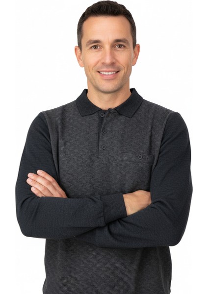 Erkek Kışlık Kazak Pamuklu Düğmeli Polo Yaka Cepli Uzun Kollu Klasik Desenli Rahat Kesim fırsatları