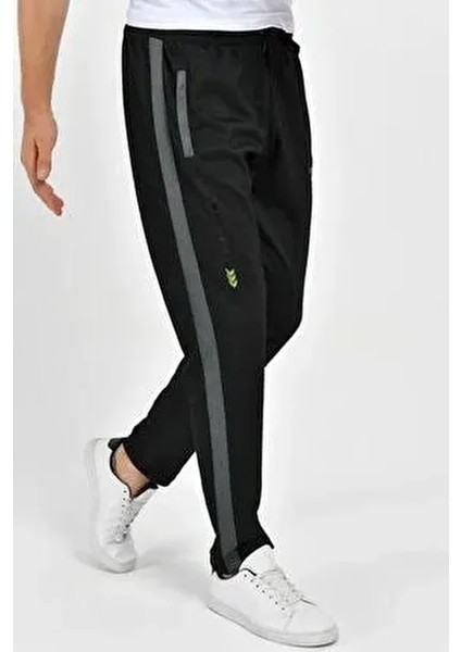 Erkek Siyah Büyük Beden Eşofman Altı Beli Lastikli Fermuarlı Cepli