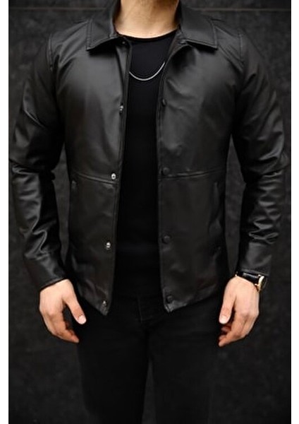 Erkek Siyah Çıt Çıtlı Mevsimlik Suni Deri Ceket Slim Fit Uzun Kol Günlük Stil