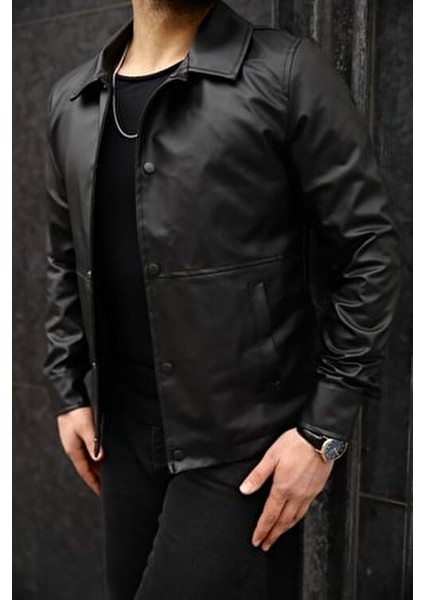 Erkek Siyah Çıt Çıtlı Mevsimlik Suni Deri Ceket Slim Fit Uzun Kol Günlük Stil fiyatları