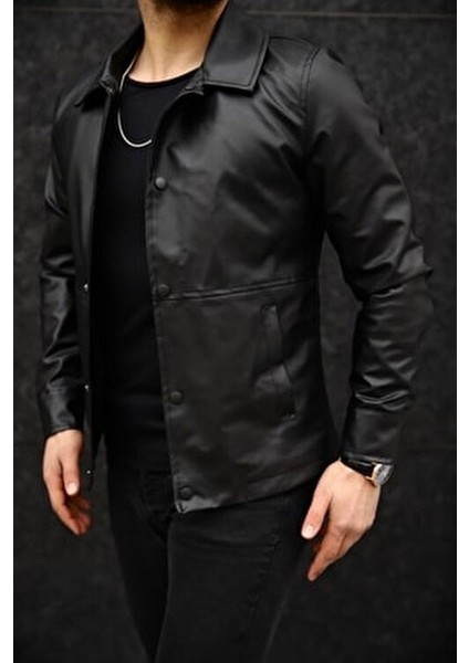 Erkek Siyah Çıt Çıtlı Mevsimlik Suni Deri Ceket Slim Fit Uzun Kol Günlük Stil fırsatları