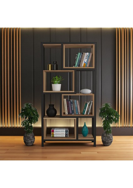 Oykotra Serisi Kitaplık 4 Büyük Raflı 80 cm Ceviz Desen Siyah Metal Ayak Kitaplık