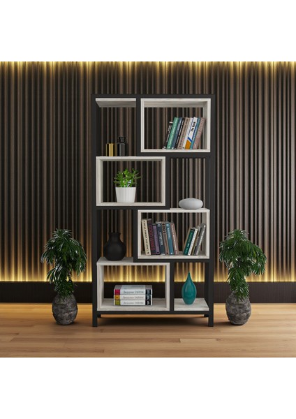 Oykotra Serisi Kitaplık 4 Büyük Raflı 80 cm Ceviz Desen Siyah Metal Ayak Kitaplık