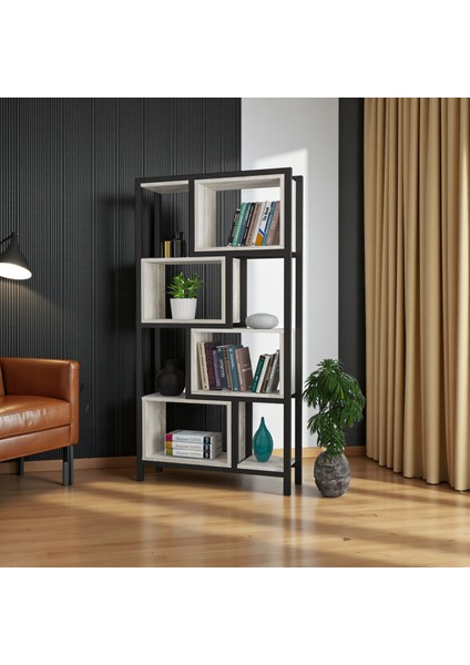 Oykotra Serisi Kitaplık 4 Büyük Raflı 80 cm Ceviz Desen Siyah Metal Ayak Kitaplık modelleri