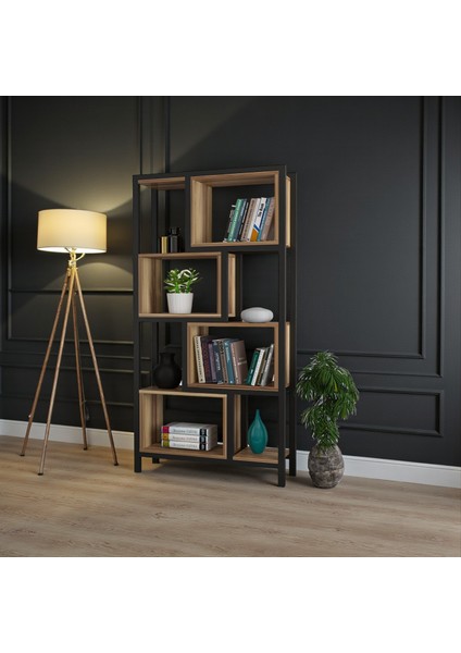 Oykotra Serisi Kitaplık 4 Büyük Raflı 80 cm Ceviz Desen Siyah Metal Ayak Kitaplık modelleri