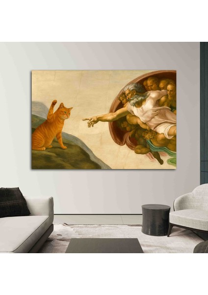 Tanrı’nın Eli ve Kedi Kanvas Tablo – Modern Sanat, Mizahi Dekoratif Duvar Tablosu