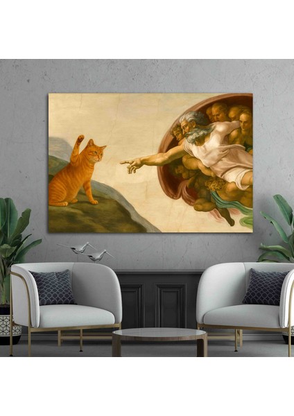 Tanrı’nın Eli ve Kedi Kanvas Tablo – Modern Sanat, Mizahi Dekoratif Duvar Tablosu fiyatları