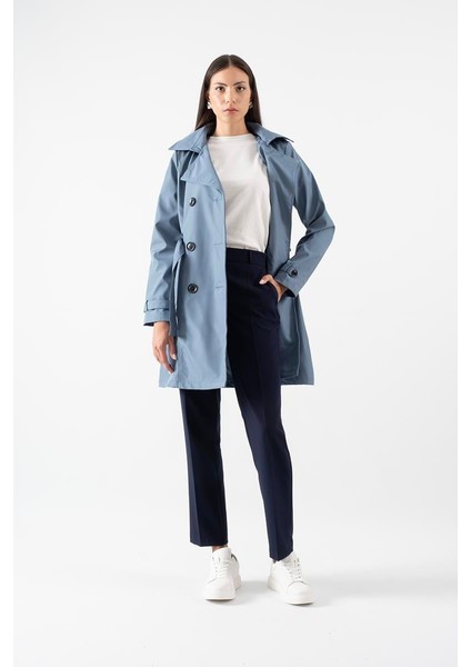 Pallaske Kruvaze Yaka Kuşaklı Cepli Trençkot Indigo