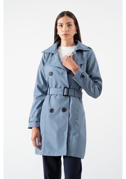 Pallaske Kruvaze Yaka Kuşaklı Cepli Trençkot Indigo fiyatları