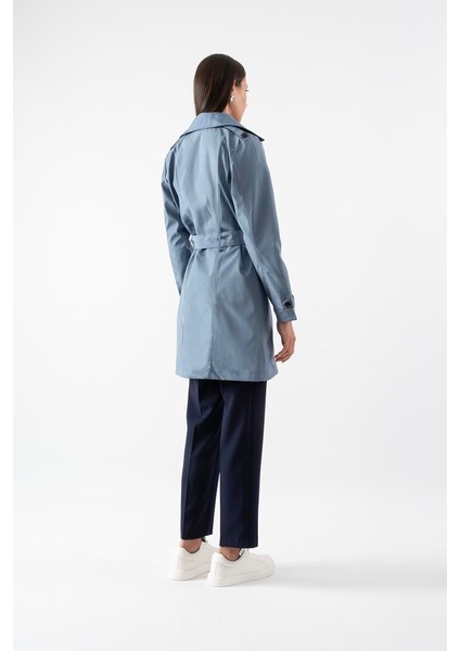 Pallaske Kruvaze Yaka Kuşaklı Cepli Trençkot Indigo fırsatları