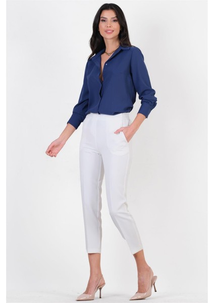 Medea Beli Lastikli Dar Paça Pantolon Ekru modelleri