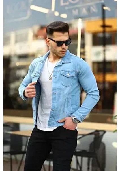 Erkek Trend Polo Yaka Slim Fit Denim Jeans Buz Mavi Kot Ceket