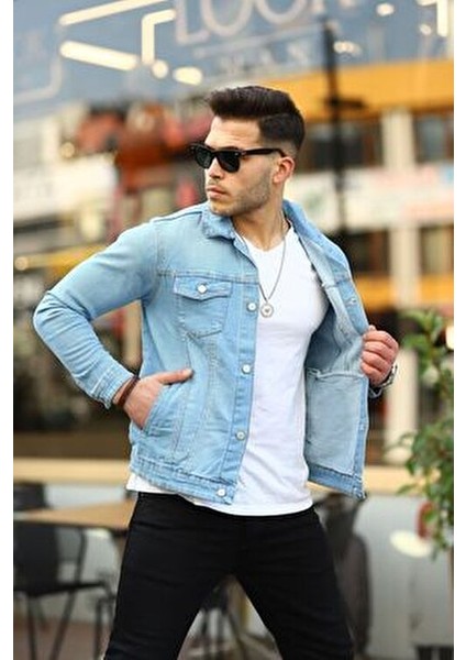 Erkek Trend Polo Yaka Slim Fit Denim Jeans Buz Mavi Kot Ceket fırsatları