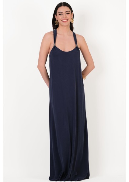 Darma U Yaka Örgü Aksesuar Detaylı Salaş Elbise Lacivert fiyatları