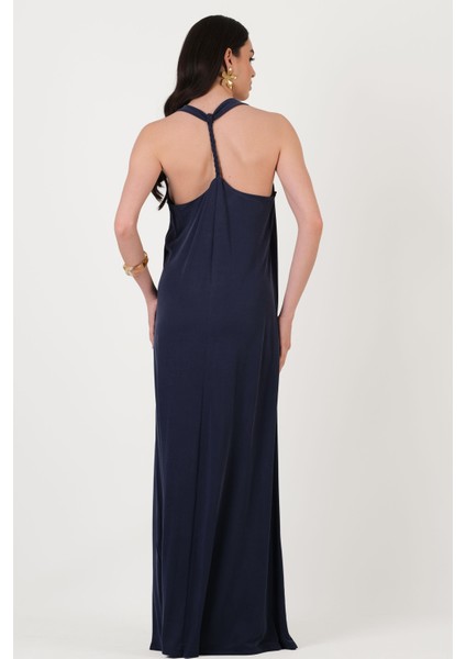 Darma U Yaka Örgü Aksesuar Detaylı Salaş Elbise Lacivert fırsatları