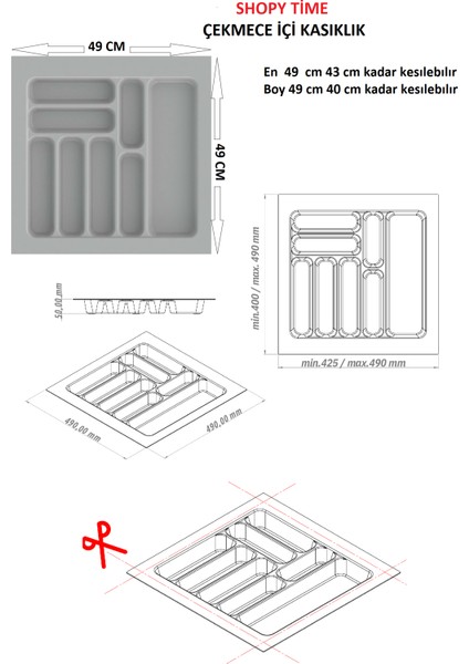 Çekmece Içi Kaşıklık ve Kepçelik Düzenleyici – Gri 49X49 cm (43X40 cm Kadar Kesilebilir) modelleri