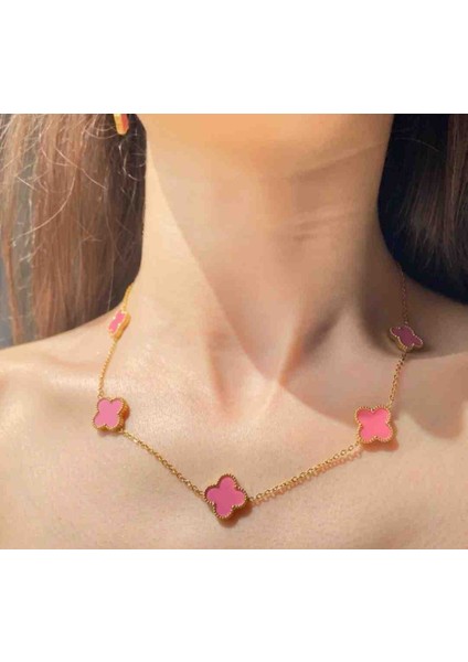 Gold Pembe Yonca Model Kadın Çelik Kolye