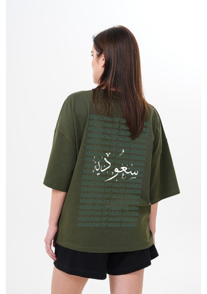 -Kadın Baskılı Suudı Tişört Oversize Bisiklet Yaka T-Shirt