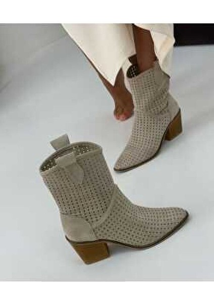 Ptc Handy Kadın Western Kovboy Bej Topuklu Yazlık Kısa Bot modelleri