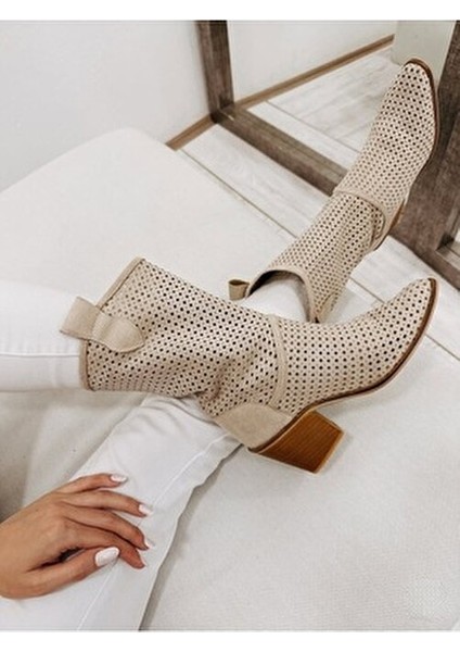 Ptc Handy Kadın Western Kovboy Bej Topuklu Yazlık Kısa Bot fırsatları