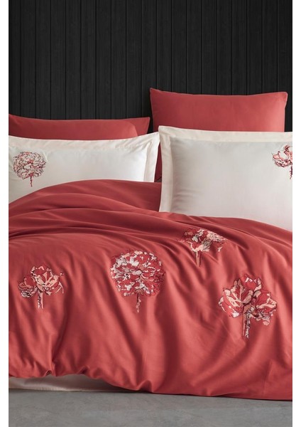 Root Nakışlı %100 Pamuk Saten Çift Kişilik Nevresim Takımı Kiremit