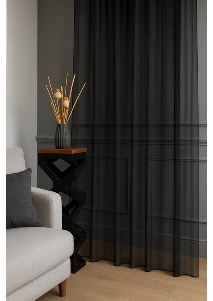 Siyah Grek Düz Tül Perde, Sık Pile, Düz, Sade, Tül Perde, Kornişli, Modern, Siyah fırsatları